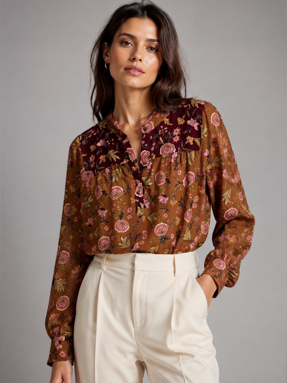 LOFT Floral Boho Blouse Brown‎ Pink – Long Sleeve Lightweight Top S